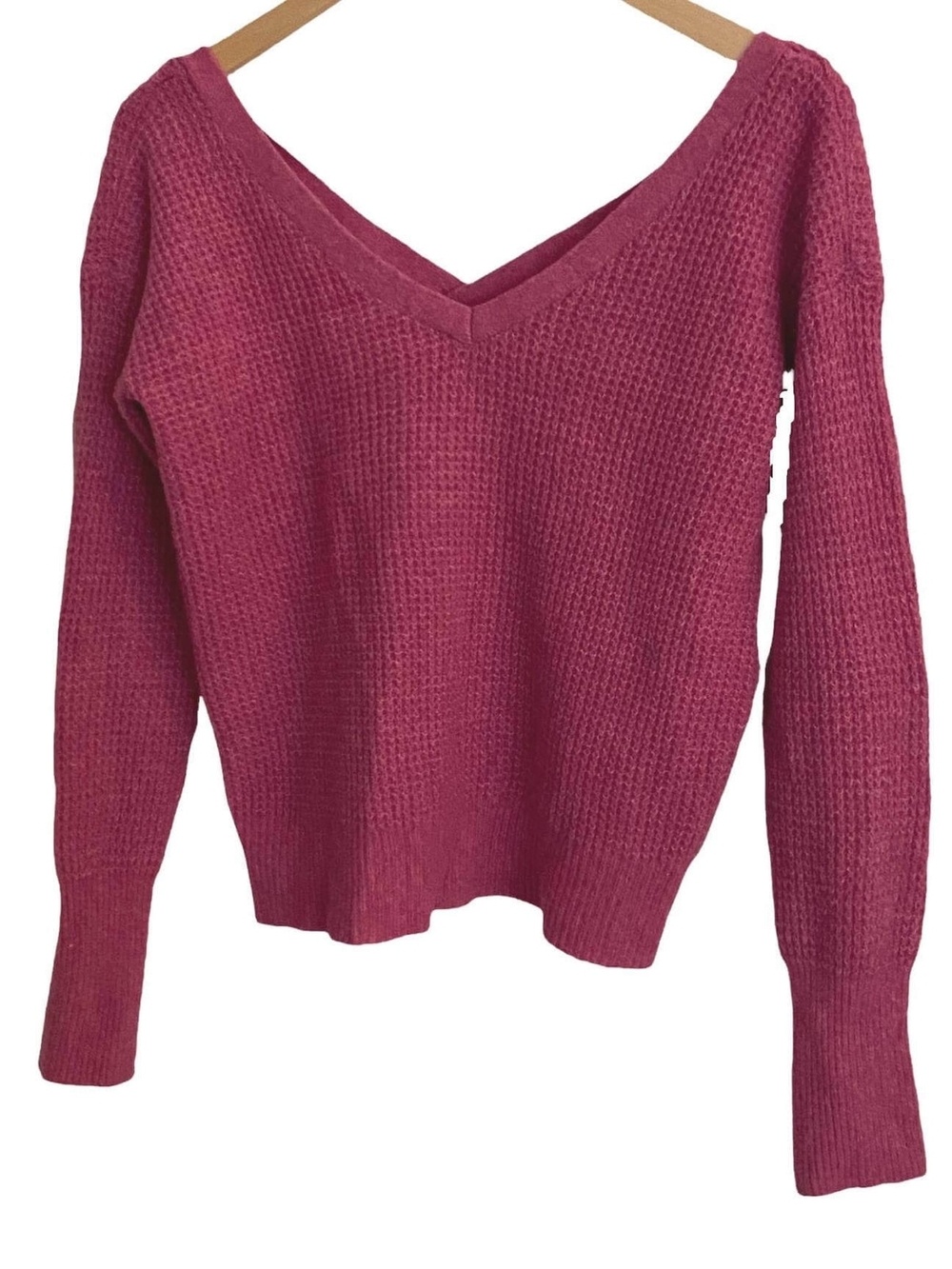 Maeve V-Neck Waffle Knit Sweater - Raspberry Pink - Picture 2 of 7